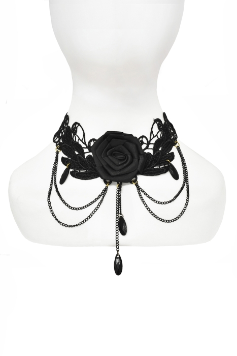 Чокер - колье "Роза" черный, кружево со стеклярусом и цепочками