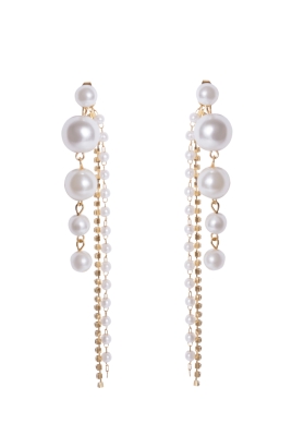 Серьги :"Жемчуг" золотистые с жемчугом, с цепочками из страз и жемчуга