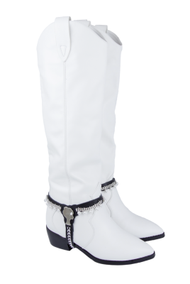 Сапоги "казаки" белые, эко-кожа, еврозима,  с обвесом (портупея) и лого