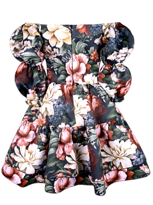 Платье "Барби" черное, бордово-белый принт, с воланами по юбке, мини