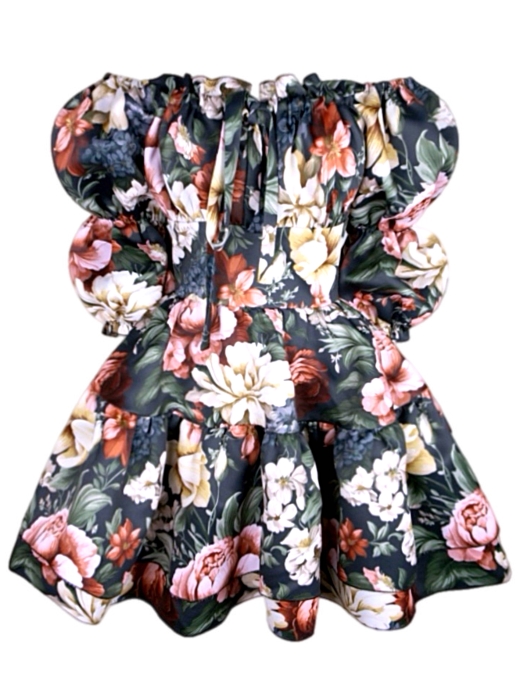 Платье "Барби" черное, бордово-белый принт, с воланами по юбке, мини