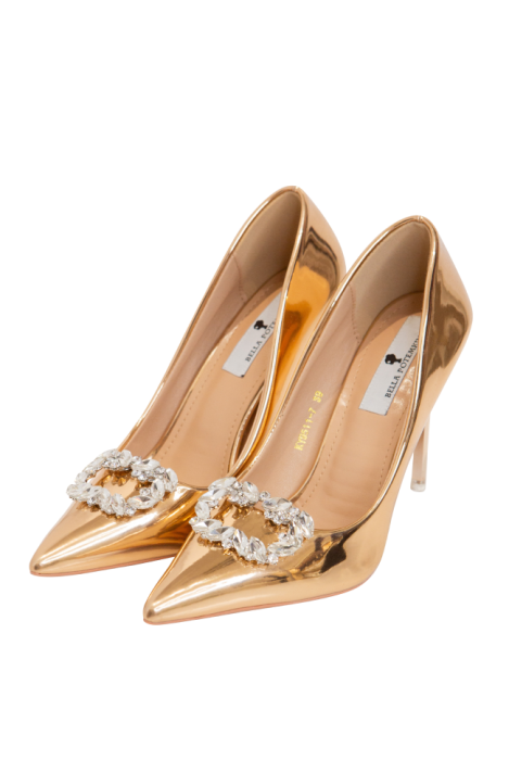 Туфли золотые, медные, на шпильке, с брошью из страз