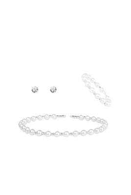 Комплект "Жемчуг" белый, со стразами серебристый: чокер, серьги, браслет
