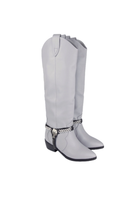 Сапоги "казаки" серые, эко-кожа, еврозима, с обвесом (портупея) и лого