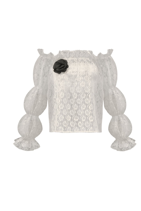 Блуза "Лючия" молочная, кружево, с топом и брошью, рукава фонарики, резинка по декольте