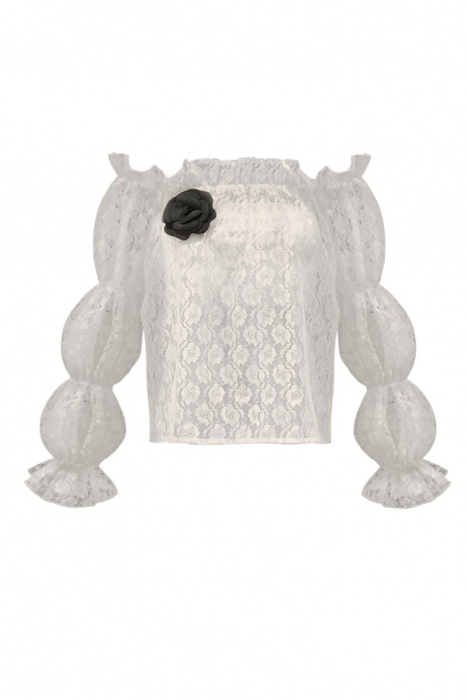 Блуза "Лючия" молочная, кружево, с топом и брошью, рукава фонарики, резинка по декольте