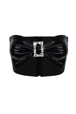 Топ - кроп черный, эко-кожа ЛАК, с брошью из стекляруса