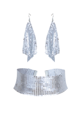 Комплект серебристый: чокер широкий (40 мм) + серьги, серебристые, из металлической ткани