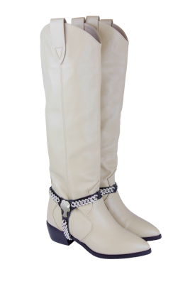 Сапоги "казаки" бежевые, эко-кожа, еврозима,  с обвесом (портупея) и лого