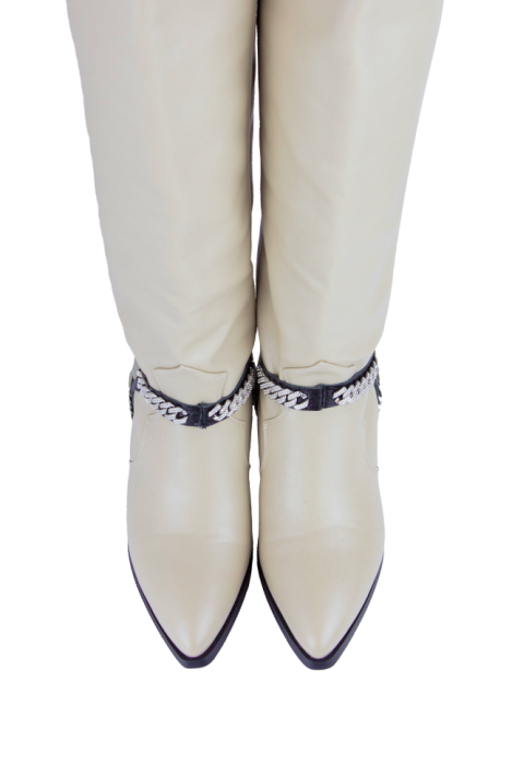 Сапоги "казаки" бежевые, эко-кожа, еврозима,  с обвесом (портупея) и лого