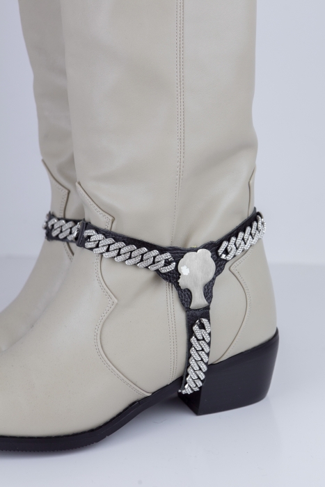 Сапоги "казаки" бежевые, эко-кожа, еврозима,  с обвесом (портупея) и лого