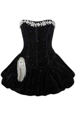 Платье-пачка "Альбан", мини, бархатное, чёрное, с крупными стразами