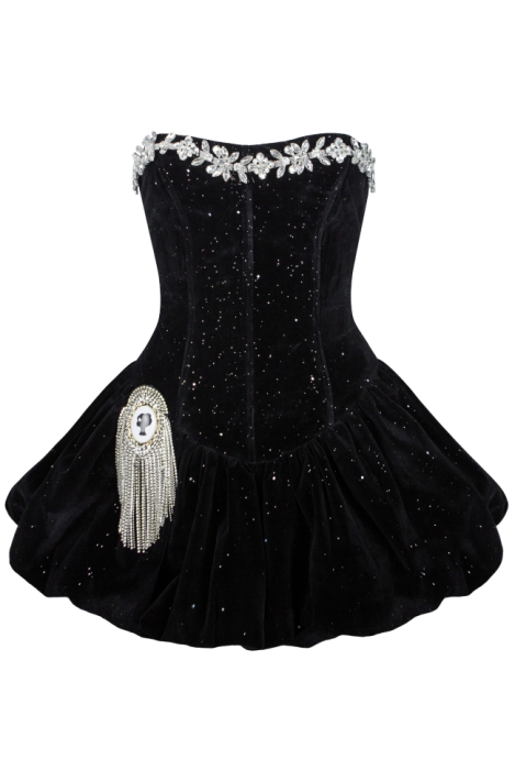 Платье-пачка "Альбан", мини, бархатное, чёрное, с крупными стразами